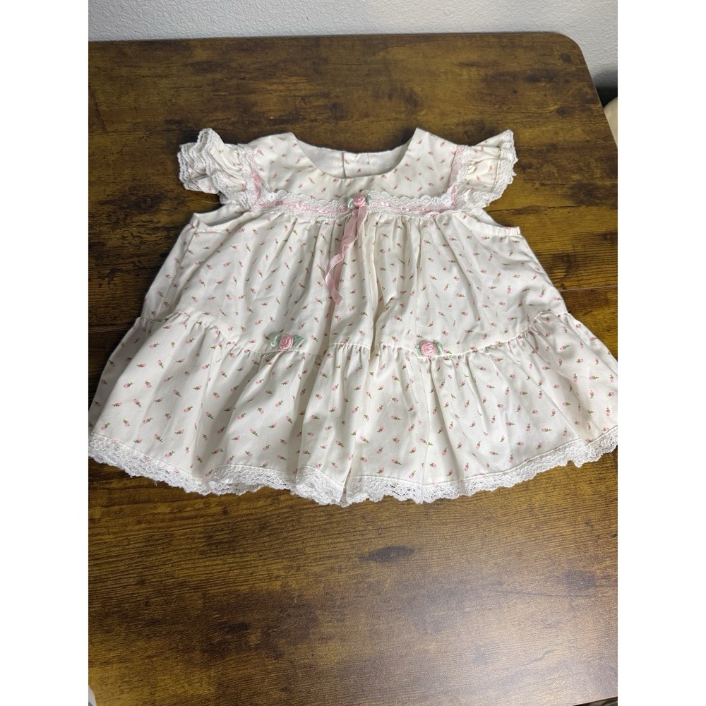 Vintage Infant Girls Handmade White With Flowers Button Back Dress Doll